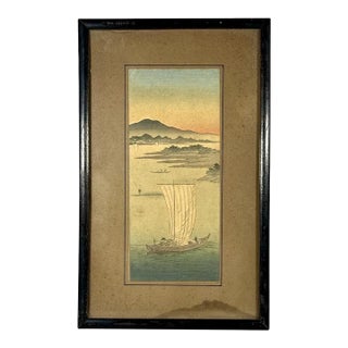 Early 20th Century Japanese Woodblock Fishing Pillar Print by Shoda Koho For Sale