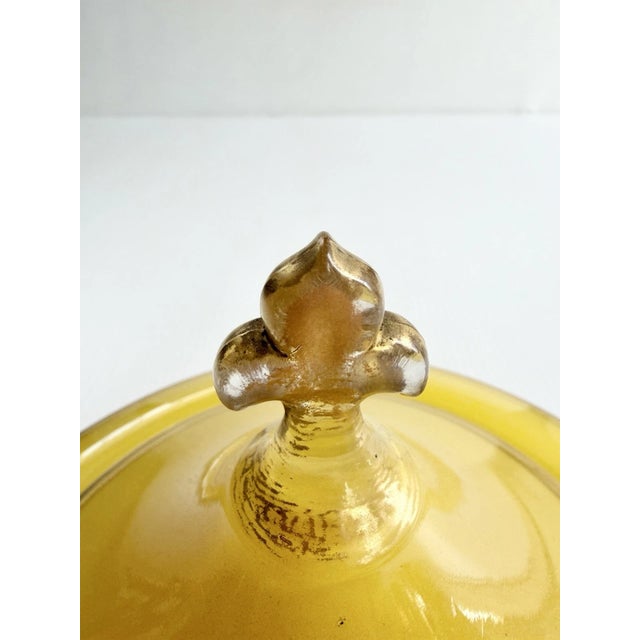 Early 20th Century Art Deco Glass Pedestal Compote or Candy Dish Yellow With Gold Trim, Fleur-De-Lis Handle For Sale - Image 9 of 16