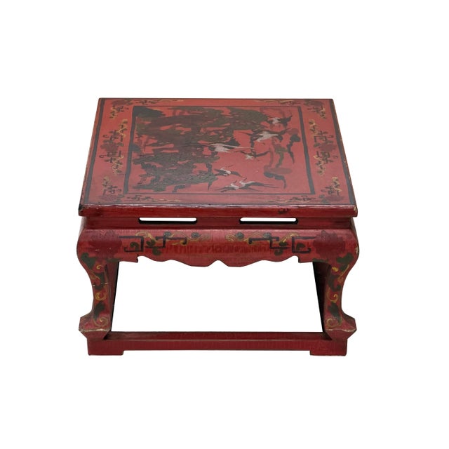 Asian Vintage Distressed Red White Cranes Pine Graphic Rectangular Stand Table For Sale - Image 3 of 12