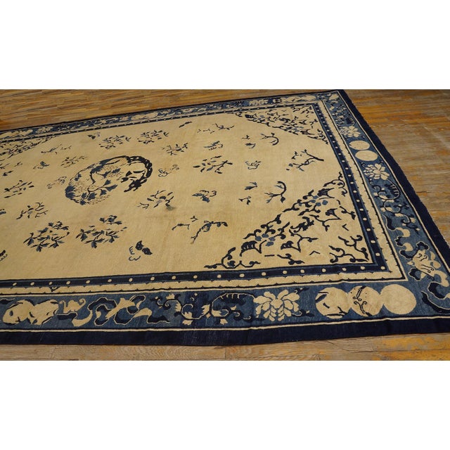 A Beige Field Adorned With Blue Floral Sprays and Central Medallion Antique Chinese Peking Rugug For Sale In New York - Image 6 of 12
