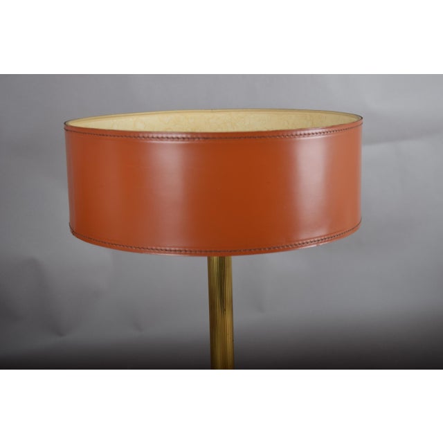 Brown Mid-Century Leather and Brass Table Lamp with Drum Shade, 1950s For Sale - Image 8 of 12