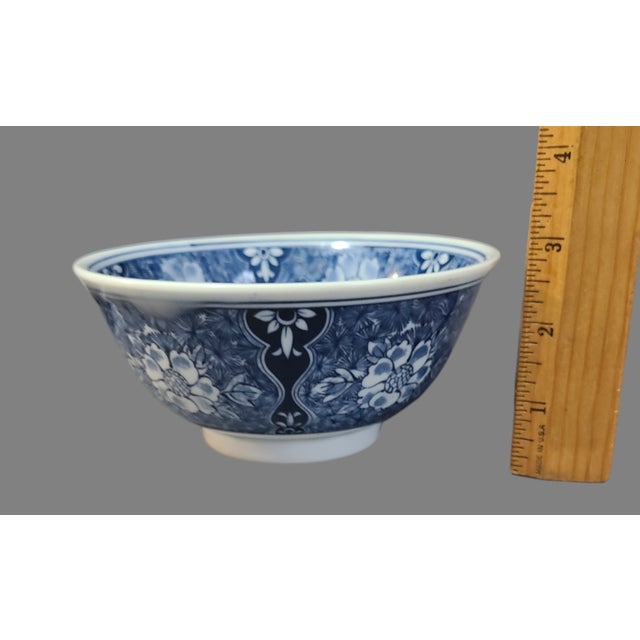 Late 20th Century Vintage Blue & White Porcelain Floral Japanese Asian Serving Bowls, Marked- a Pair For Sale - Image 5 of 7