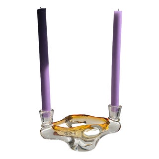 Vintage Amber and Clear Murano Glass Ashtray with Candleholders, Italy, 1970s For Sale