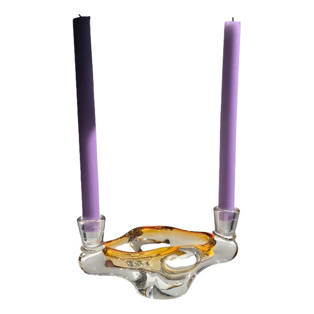 Vintage Amber and Clear Murano Glass Ashtray with Candleholders, Italy, 1970s For Sale