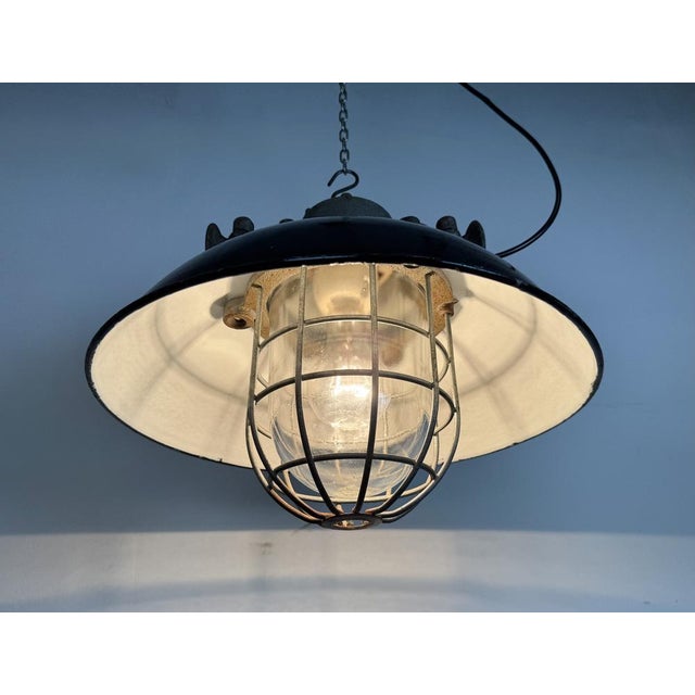 Black Enamel and Cast Iron Industrial Cage Pendant Light from Elektrosvit, 1960s For Sale - Image 18 of 18
