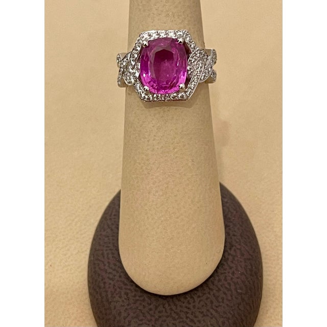 2020s Gia 4.76 Ct Pink Cushion Sapphire & 1.2 Ct Diamond 18 Kt White Gold Ring, Estate For Sale - Image 5 of 8
