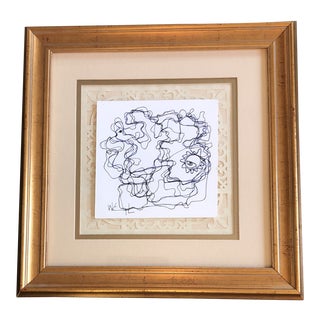 Original Vintage Wayne Cunningham Abstract Ink Drawing Floated on Paper Cut For Sale