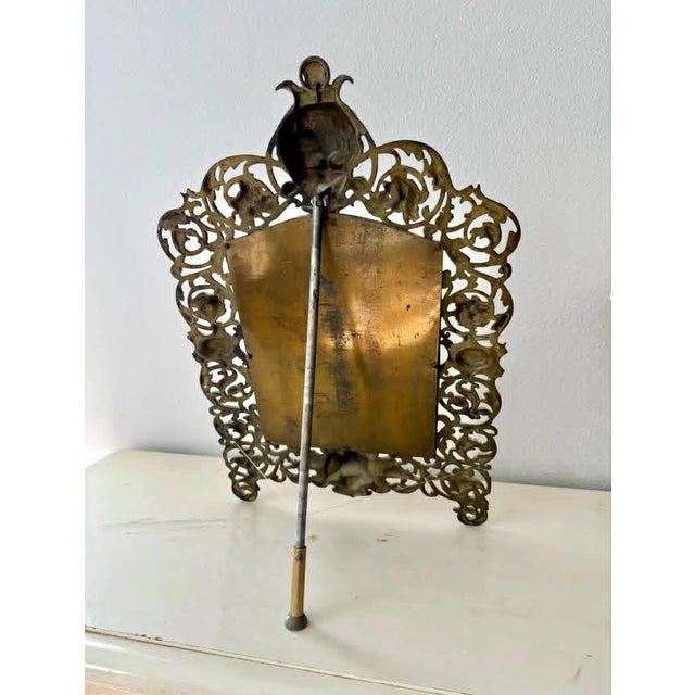 Victorian Antique Gilded Cast Iron Cherub and Lion Heads, Victorian French Style Ornate Vanity Table Mirror From Late 19th Century For Sale - Image 3 of 12