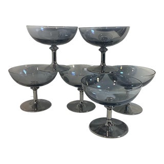 Vintage Hollywood Regency Smokey Martini Glasses With Chrome Stems - Set of 6 For Sale