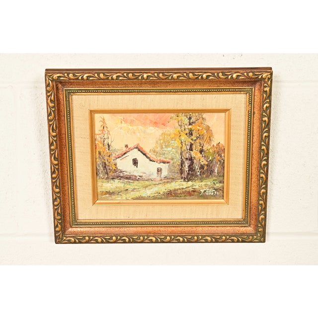 A beautiful original oil on canvas impressionist painting of rural cottage in carved giltwood frame Signed by the artist...