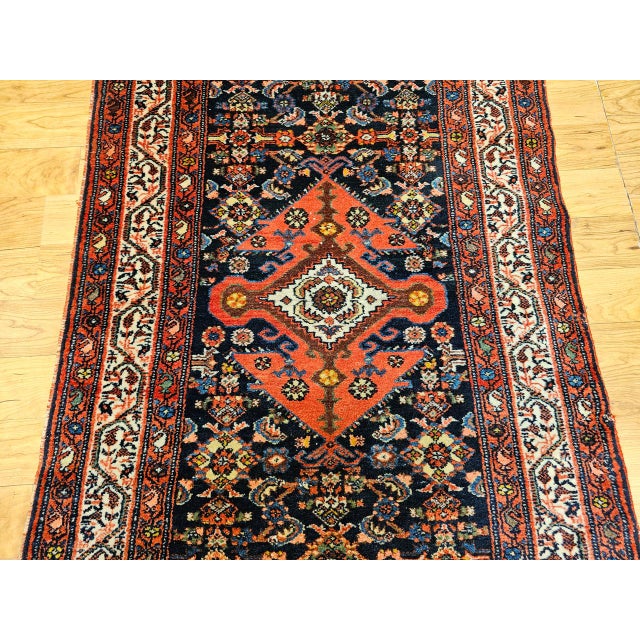Navy Blue Vintage Persian Malayer Runner Rug, Hand-Knotted Wool, Geometric Pattern, 3x20, Navy & Red For Sale - Image 8 of 14