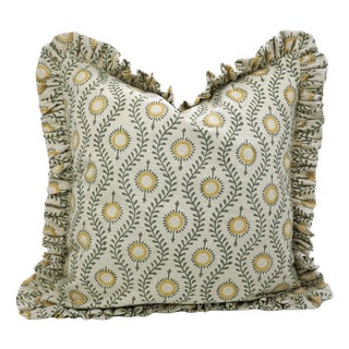 Boho Floral Block Print Frill Pillow Cover Handmade Artisan Decorative Throw 20x20 Inch- Laher For Sale