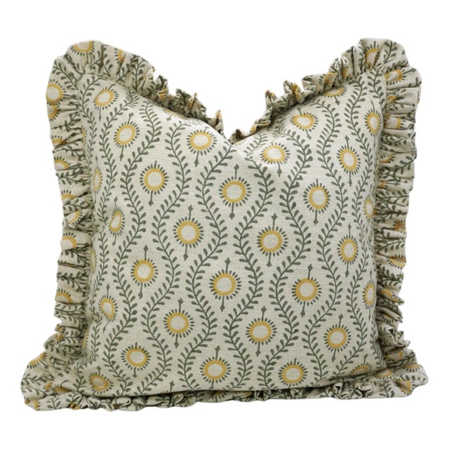 Boho Floral Block Print Frill Pillow Cover Handmade Artisan Decorative Throw 20x20 Inch- Laher For Sale