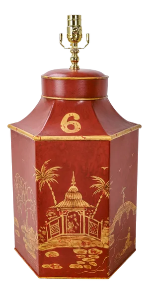 Vintage English Export Red Hexagonal Tole Chinoiserie Tea Caddy Lamp Number 6