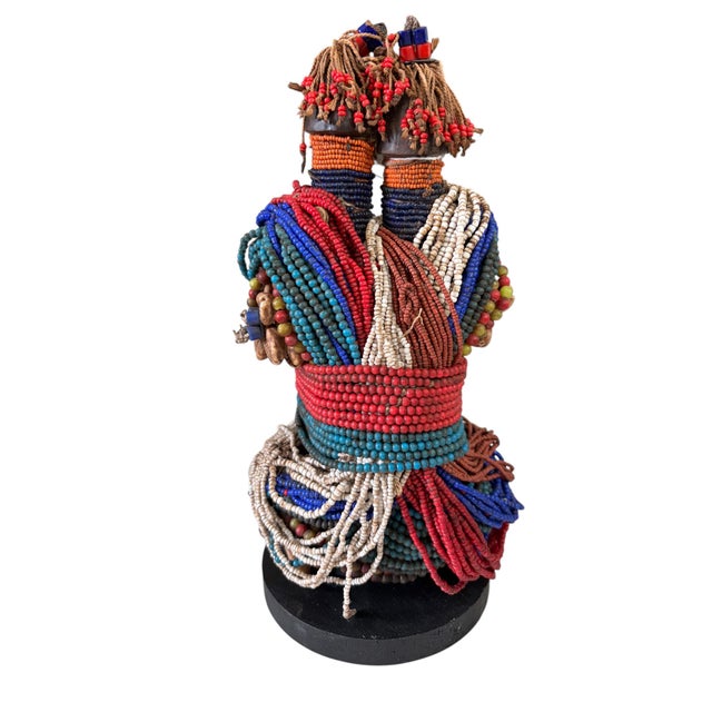African Vintage African Beaded Namji Twin Fertility Dolls Cameroon W/Wood Stand 11" H For Sale - Image 3 of 9