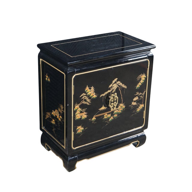 Chinese Vintage Chinese Black Lacquer Dimunitive Small Side Table Cabinet Chinoiserie For Sale - Image 3 of 11