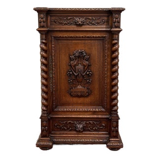 Antique French Renaissance Revival Oak Cabinet Barley Twist Carved Drawers 19thC For Sale