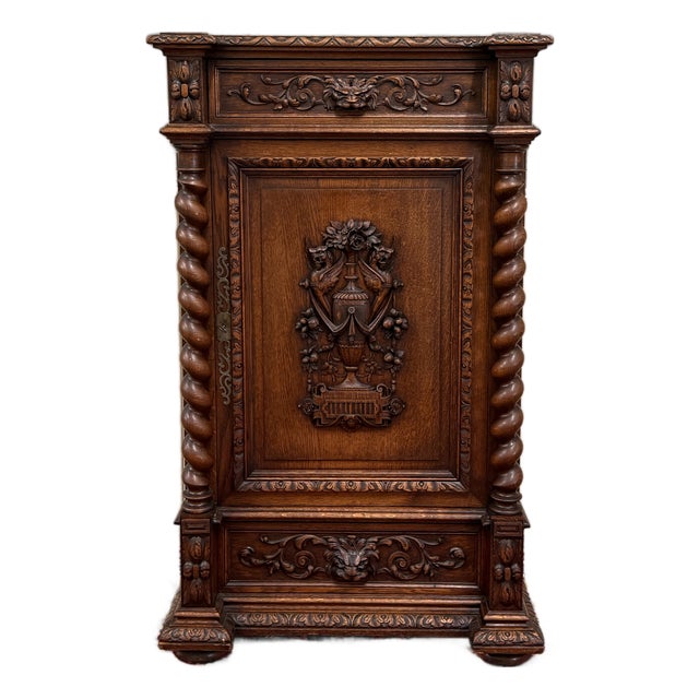 Antique French Renaissance Revival Oak Cabinet Barley Twist Carved Drawers 19thC For Sale