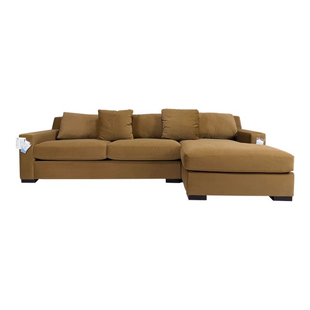 Modern Camel Microfiber Track-Arm Sectional Sofa With Chaise For Sale