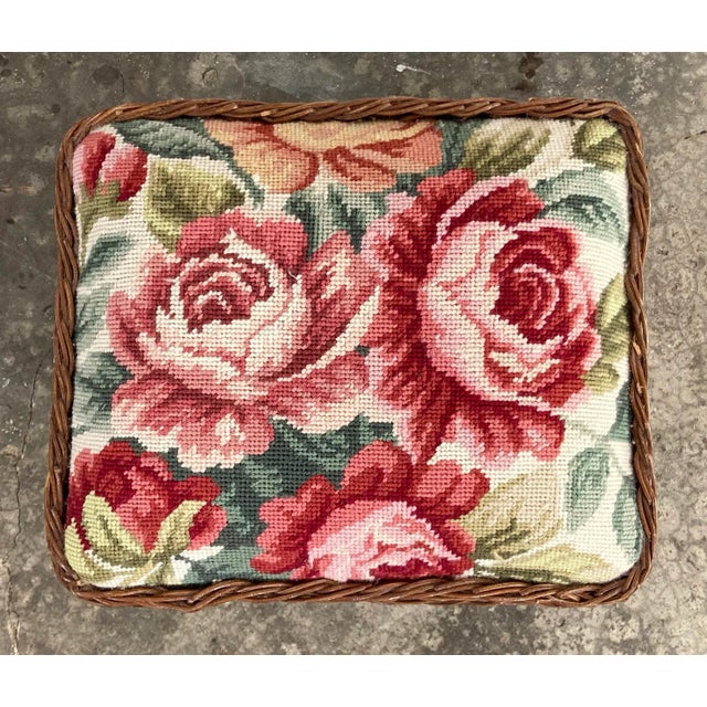 Late 20th Century Vintage Wicker Stool With Floral Needlepoint For Sale - Image 5 of 10