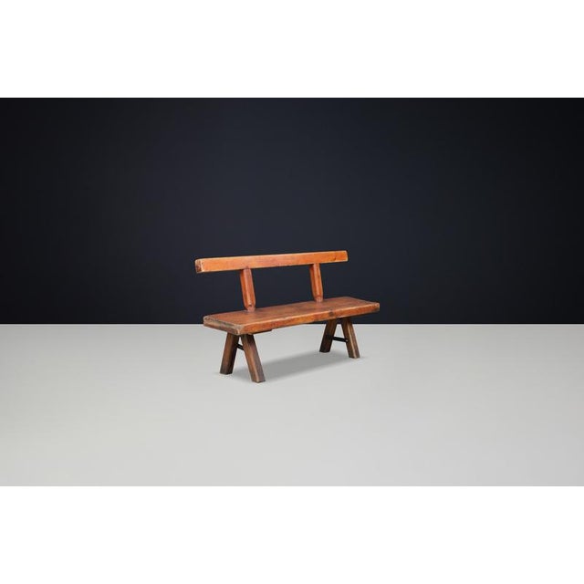 Brutalist Patinated Pine Bench by Mobichalet, Belgium, 1950s – Large Size A commanding and sculptural bench in the...