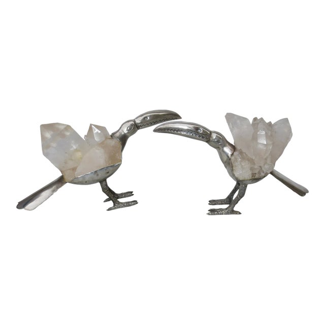 Gerson Brazilian Rock Crystal and Silvered Brass Toucans -A Pair of 2 For Sale