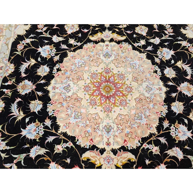 Fine Persian Tabriz Rug, Hand-Knotted Wool & Silk, Floral Pattern, Black & Ivory, 7x10 For Sale - Image 16 of 18