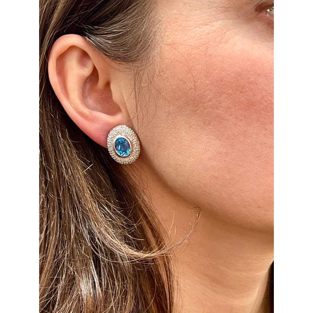 Gemstone 5 Carat Oval Shape Blue Topaz and Diamond Omega Back Clip Earring 14 Karat Gold For Sale - Image 7 of 18