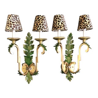 Acanthus Leaf Wall Sconces With Leopard Shades - a Pair For Sale