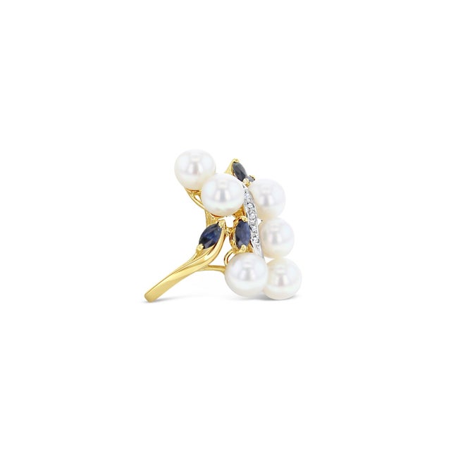 Contemporary Freshwater Pearl, Sapphire & Diamond Cluster Ring 14k Yellow Gold, Size 8 For Sale - Image 3 of 3