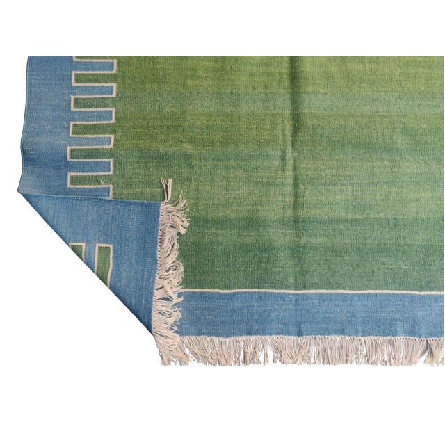 Handmade Green With Blue Geometric Border and Cream Fringe Rug - 10'x14' For Sale - Image 9 of 10