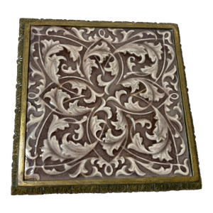 Rare Antique Handmade Providential Pottery Glazed Bronze Tile Trivet Base Stand
