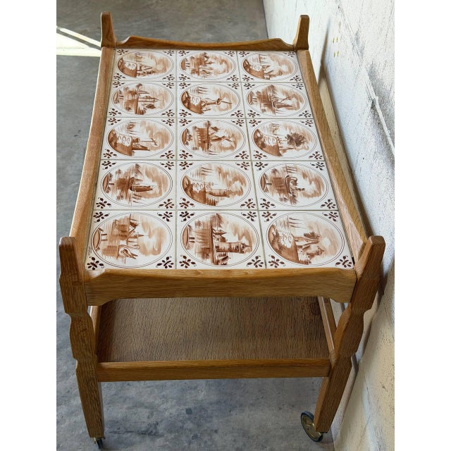 Brown In Style of Henning Kjærnulf Oak Two-Tier Serving Bar Cart With Ceramic Tile Top Vintage Mid-Century Modern 1970s For Sale - Image 8 of 10