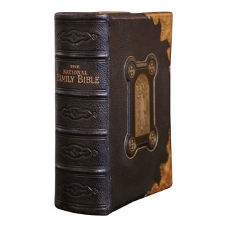 19th Century English Leather Bound and Brass Locks National Family Holy Bible For Sale