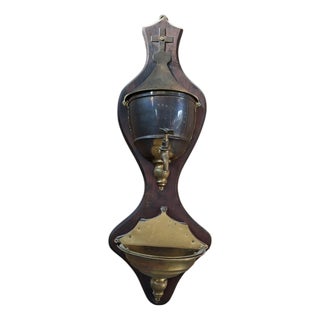 Vintage Wall-Mounted Brass and Wood Washbasin with Cross, 1920 For Sale