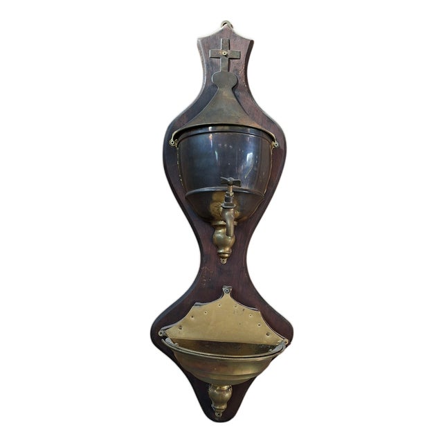 Vintage Wall-Mounted Brass and Wood Washbasin with Cross, 1920 For Sale