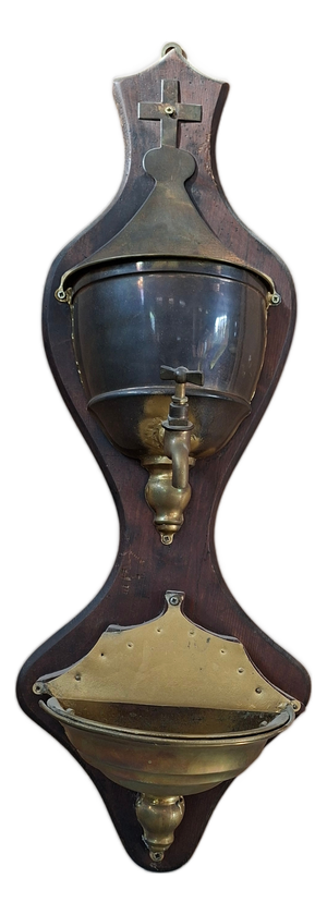 Vintage Wall-Mounted Brass and Wood Washbasin with Cross, 1920
