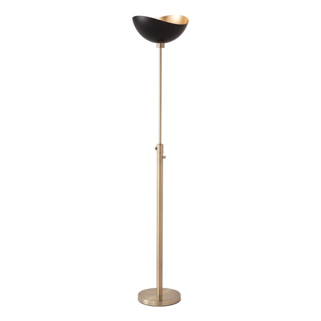 Minimalist Luna Torchiere Floor Lamp 70" H - Mid-Century Modern, Matte Black/Gold Shade, Weathered Brass, Dimmable, Bulb Included For Sale