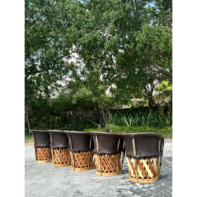 Wood Vintage Boho Leather Equipale Chairs - Set of 5 For Sale - Image 7 of 12