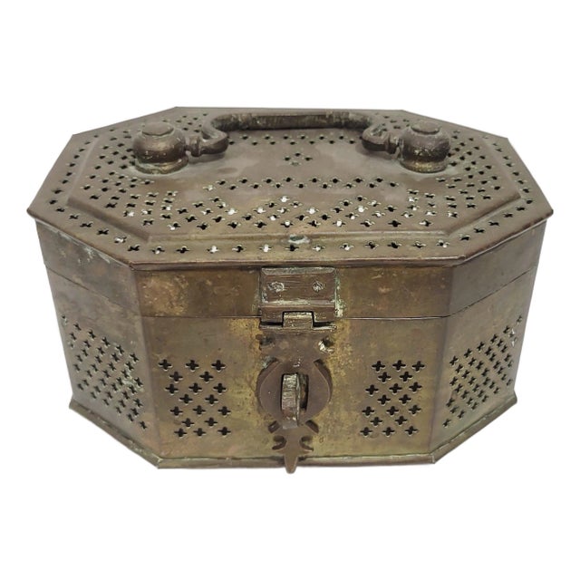 Large Antique Reticulated Bronze Cricket Mughal Jali Jewelry Box For Sale