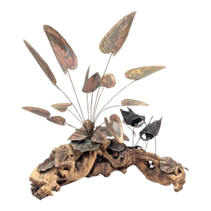 Brutalist Metal Floral & Driftwood Sculpture