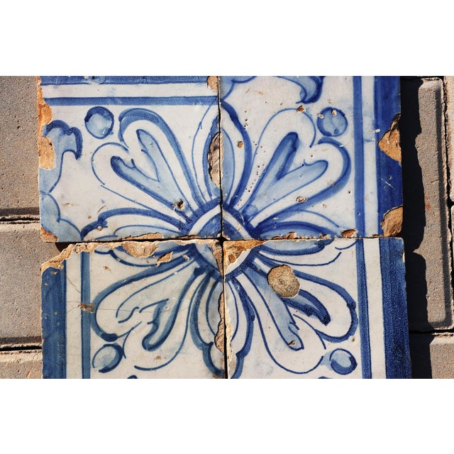 18th Century Portuguese Set of Four Tiles Blue & White Floral Geometric Panel Antique Hand Painted For Sale - Image 9 of 10