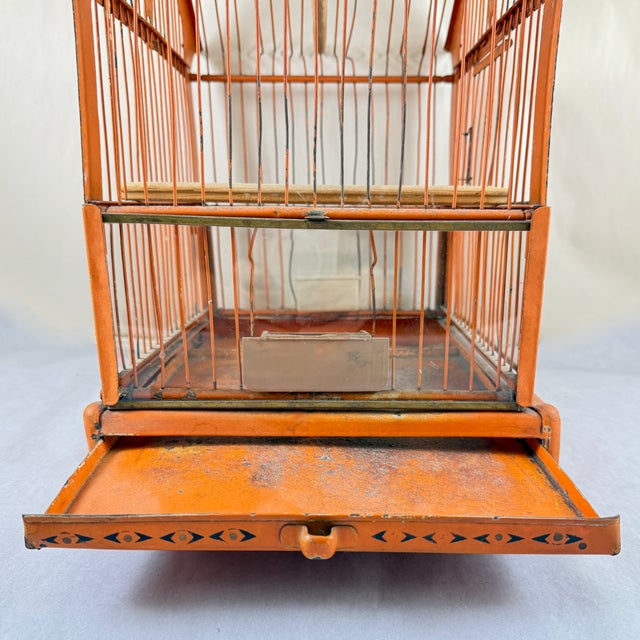 Orange Japanned Metal Bird Cage, Hand-Painted, Circa 1900-1920 For Sale - Image 15 of 18