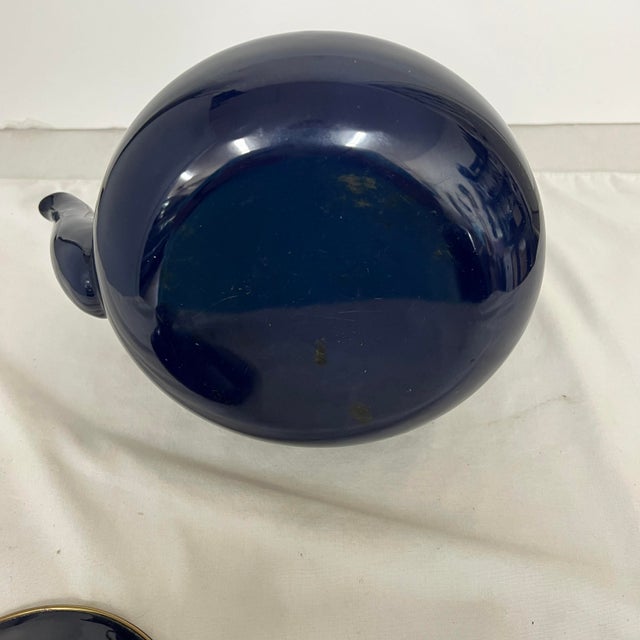 Paint Colbalt Blue Enamel and Brass Tea Pot For Sale - Image 7 of 7