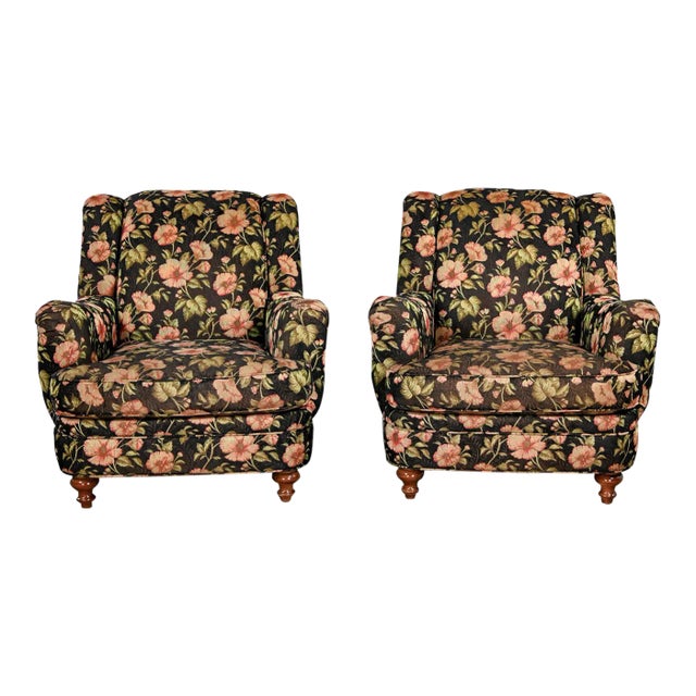 Late 20th Century Cottagecore Style Pair of Floral Lounge Chairs by Sam Moore Furniture a Division of Hooker Furniture For Sale
