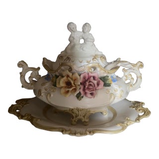 Vintage Capelli Porcelain Cherub Covered Centerpiece With Matching Underplate | Rococo Floral Tureen | Victorian Decor For Sale