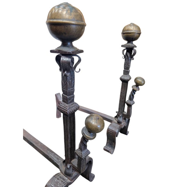 Metal Antique Spanish Revival Brass and Wrought Iron Fireplace Andirons – Pair For Sale - Image 7 of 7