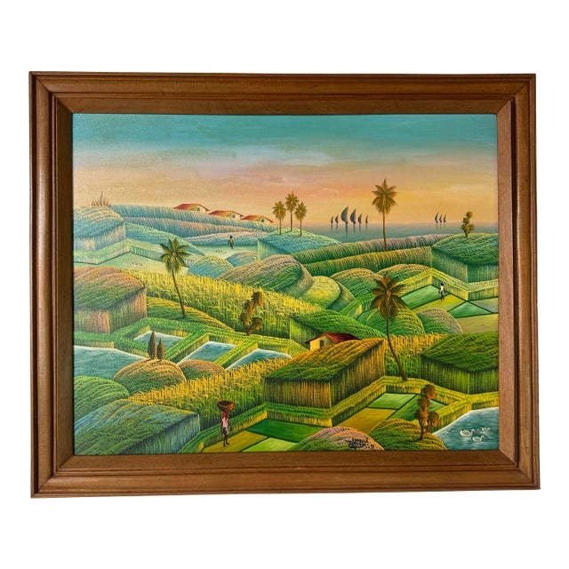 1990's Vintage Haitian Folk Art Landscape Oil Painting by Camille Torchon For Sale