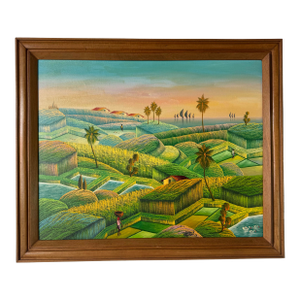 1990's Vintage Haitian Folk Art Landscape Oil Painting by Camille Torchon
