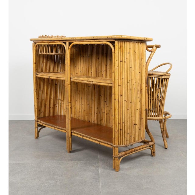 Bamboo and Rattan Cabinet Bar with Stools attributed to Tito Agnoli, Italy, 1950s, Set of 3 For Sale - Image 18 of 18
